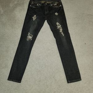 Chic Black Distressed Women's Skinny Jeans La Idol Cheetah With Pockets